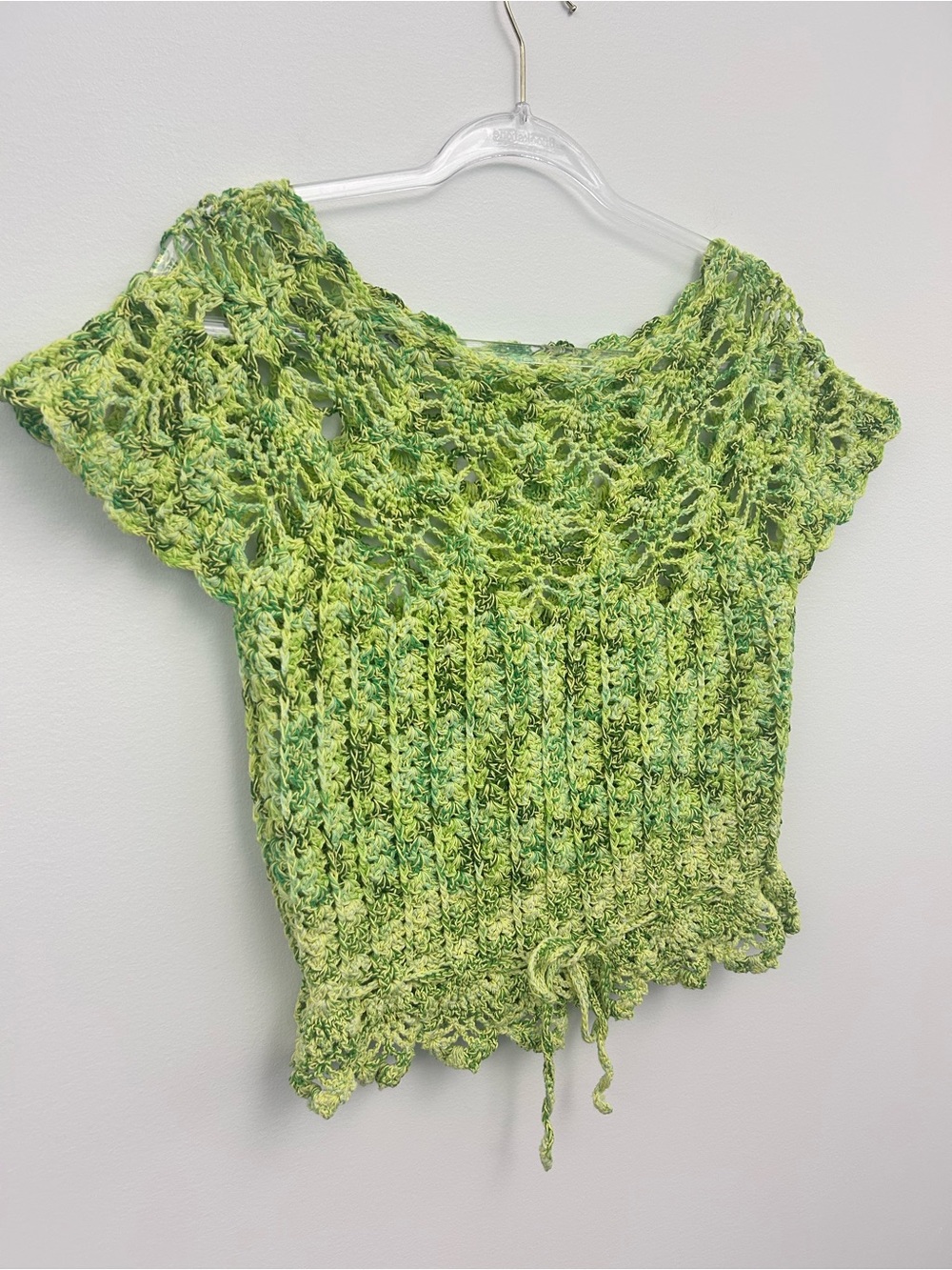 Handmade Green Crochet Open Knit Scalloped Short-Sleeve Top Size Small